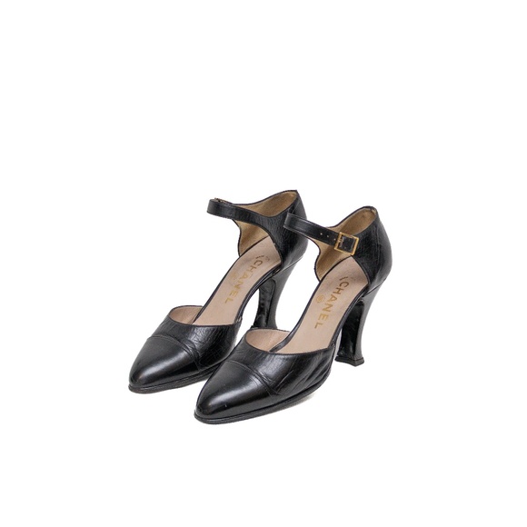 Vintage Chanel Black Leather Mary Jane Heels with Sculpted Heel – Size EU 35.5 - Picture 1 of 12